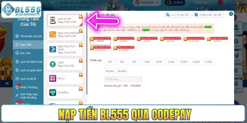 Nạp tiền BL555 qua Codepay
