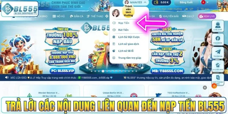 Trả lời các nội dung liên quan đến nạp tiền BL555